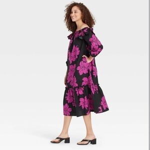 WHO WHAT WEAR Plus Size Floral Puffy Sleeve Drop Waist Dress